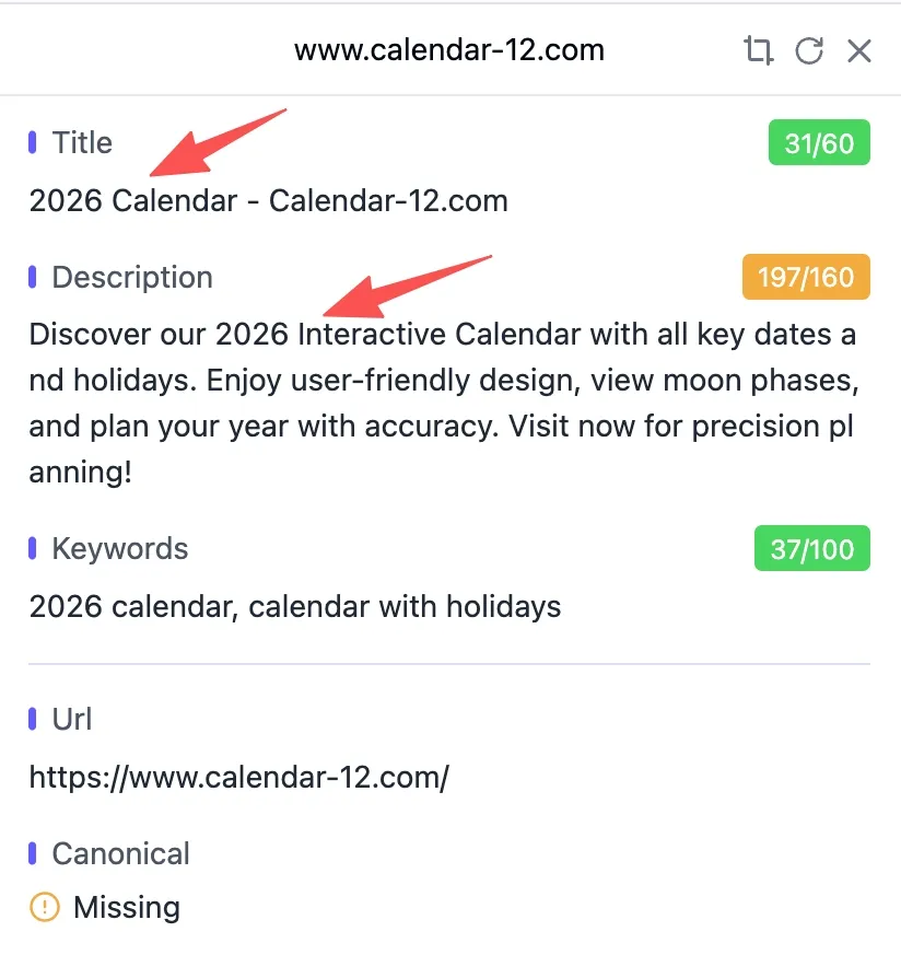 当前首页 SEO 信息：Title 和 Description 使用 2026