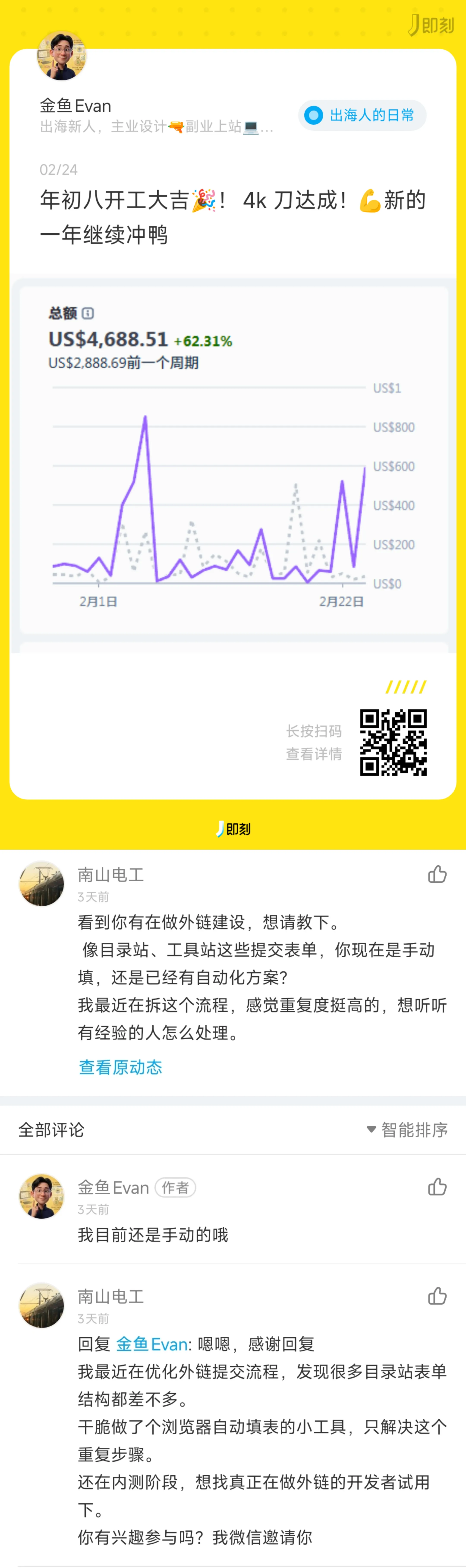 金鱼 Evan 在即刻分享收入成就：$4,688.51 (+62.31%)，以及南山电工关于外链自动化的评论对话